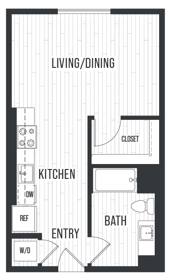 Floor plan SB. Studio at Sixth & Jackson Apartments in Japantown, San Jose.